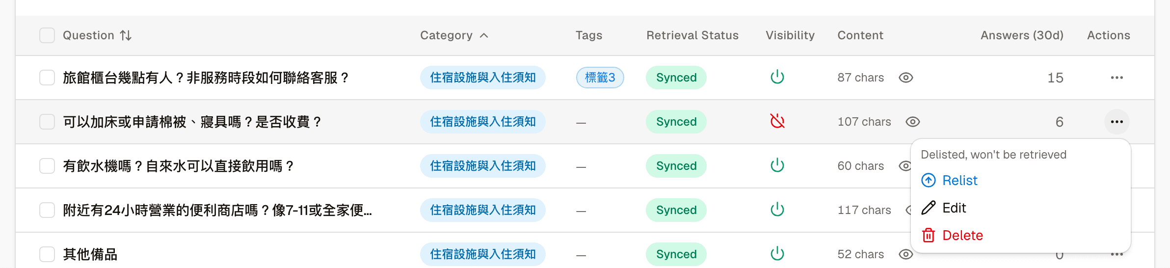Row menu for a delisted entry