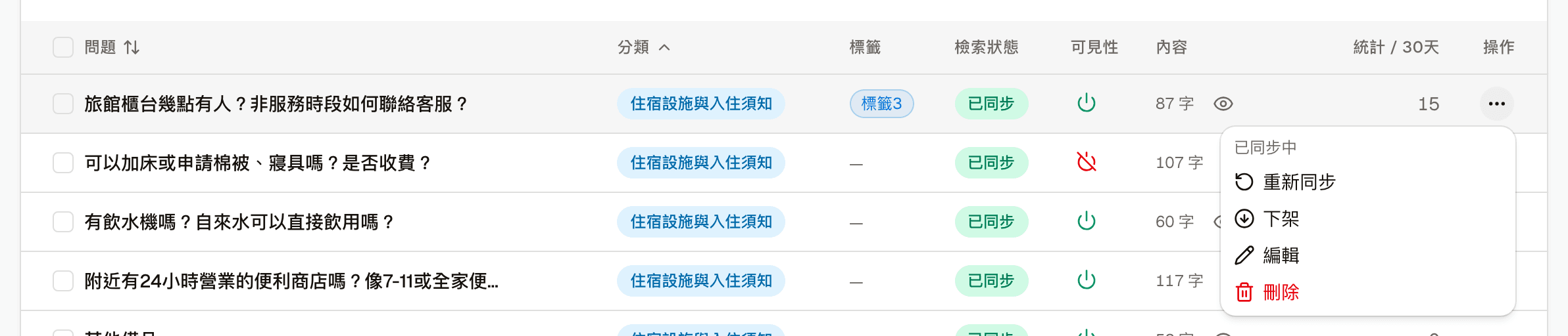 上架中的操作選單